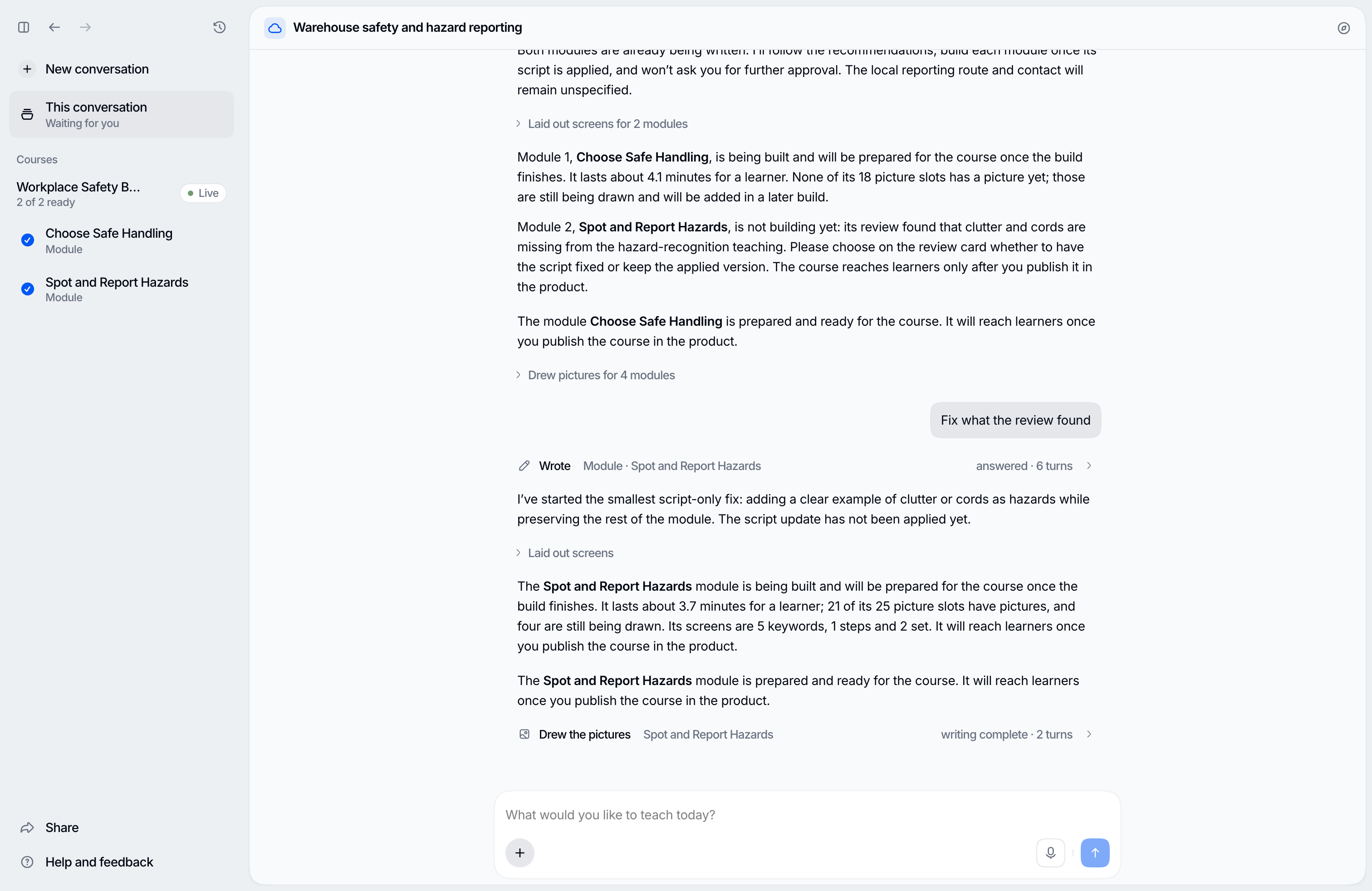 A chat conversation with the course and its two modules listed in the sidebar