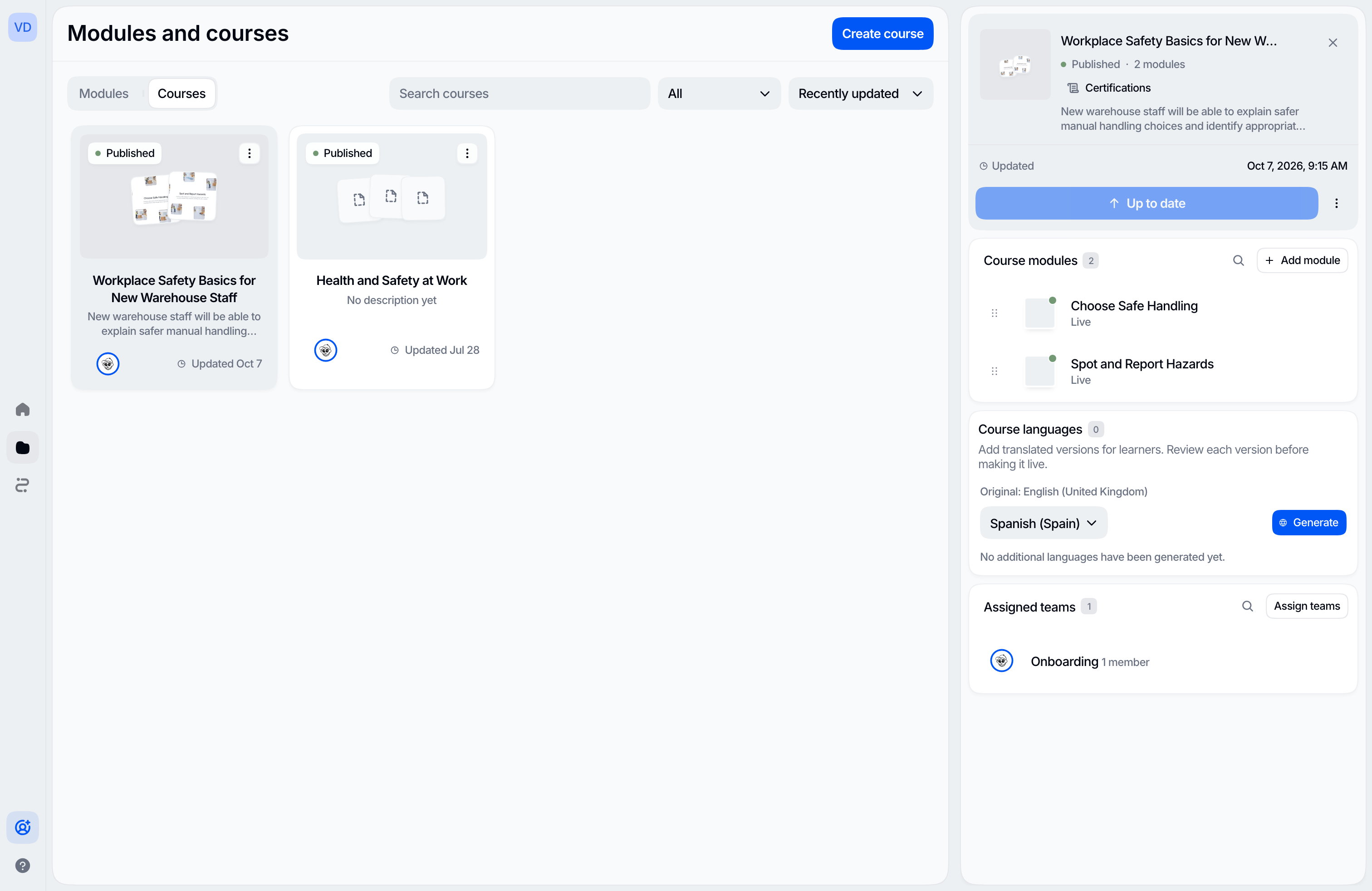 A published course with its two live modules and the team it is assigned to