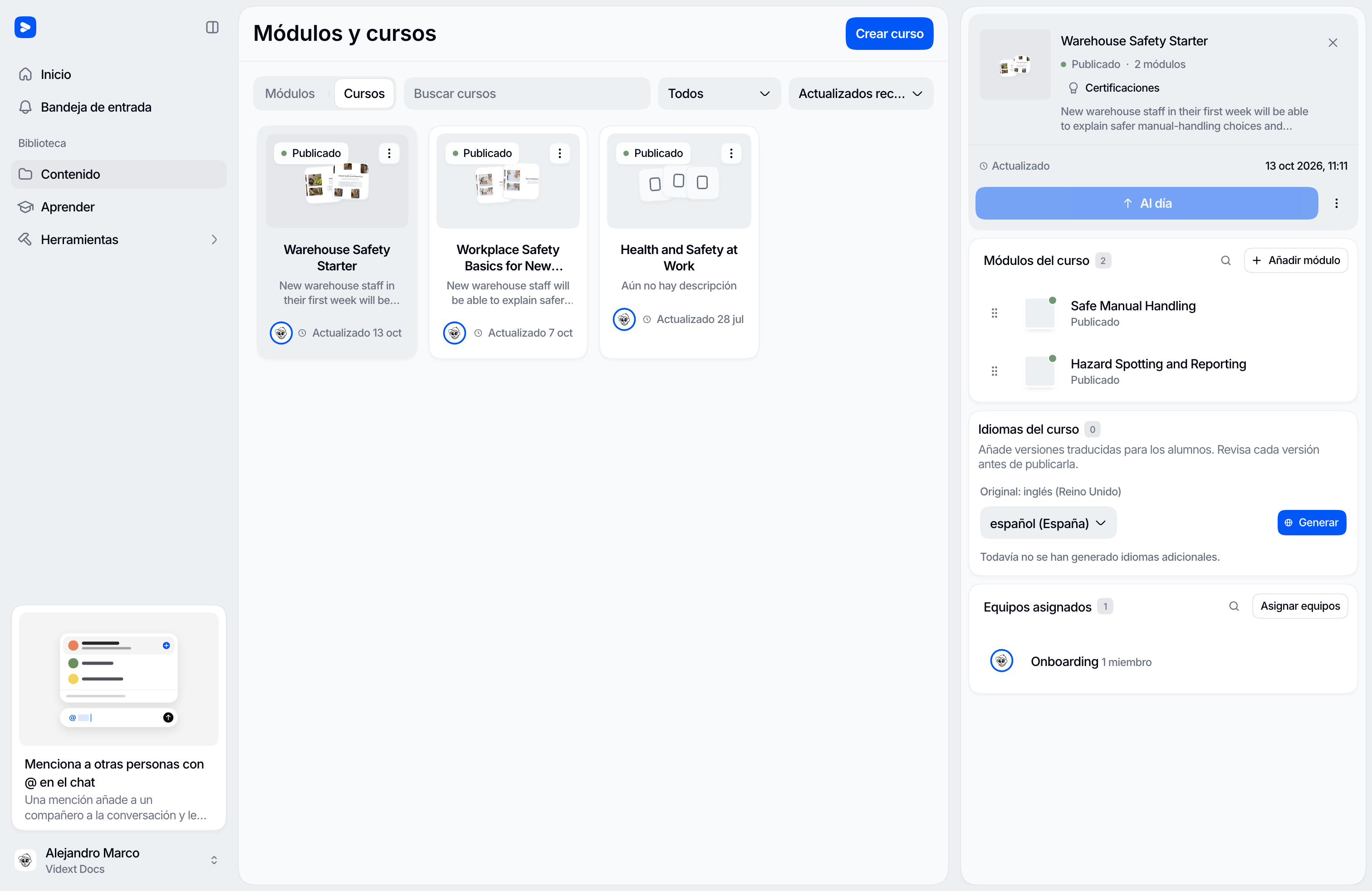 Un curso publicado con sus dos módulos en vivo y el equipo al que está asignado