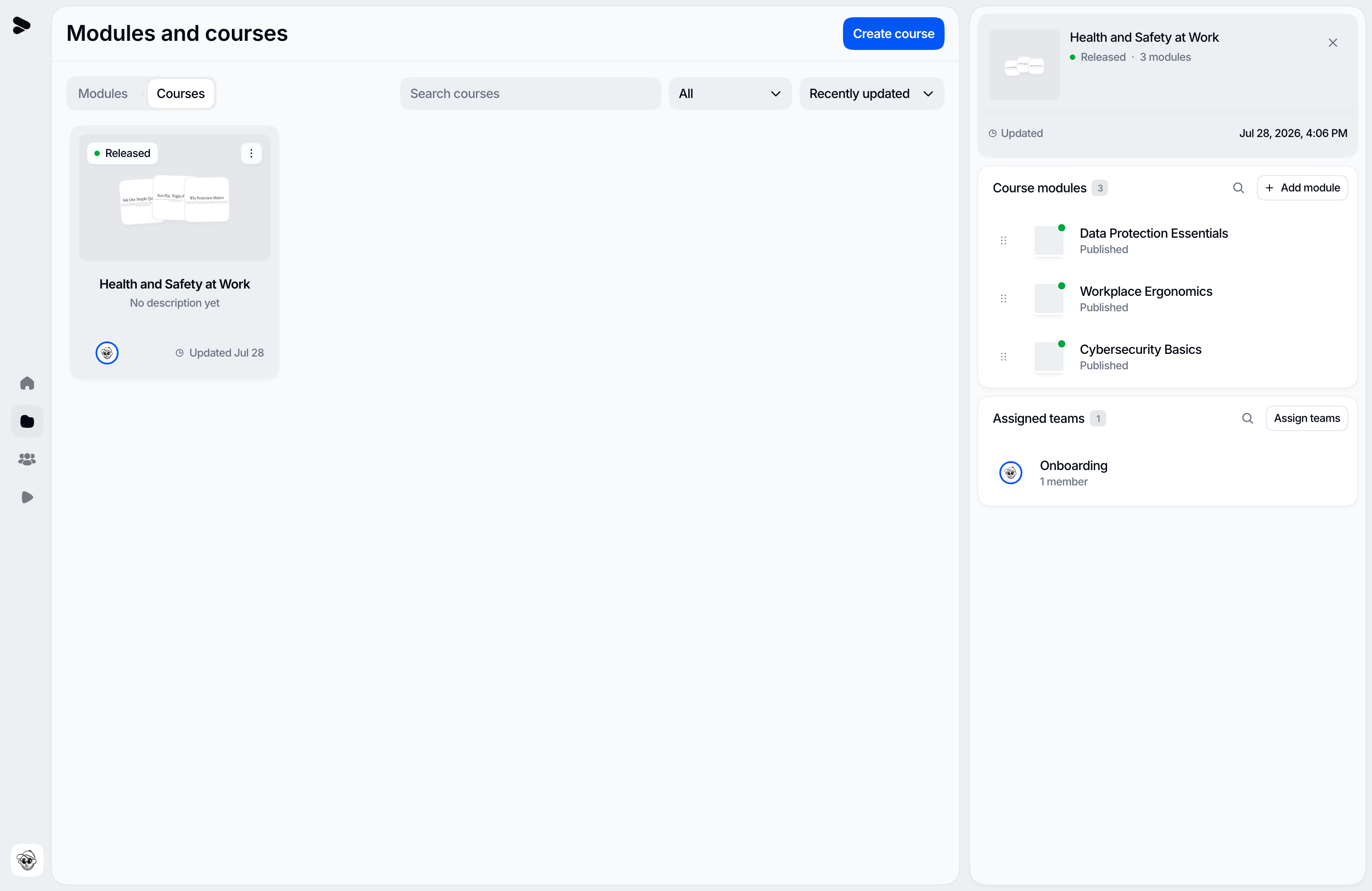 The courses and modules library with a course detail panel