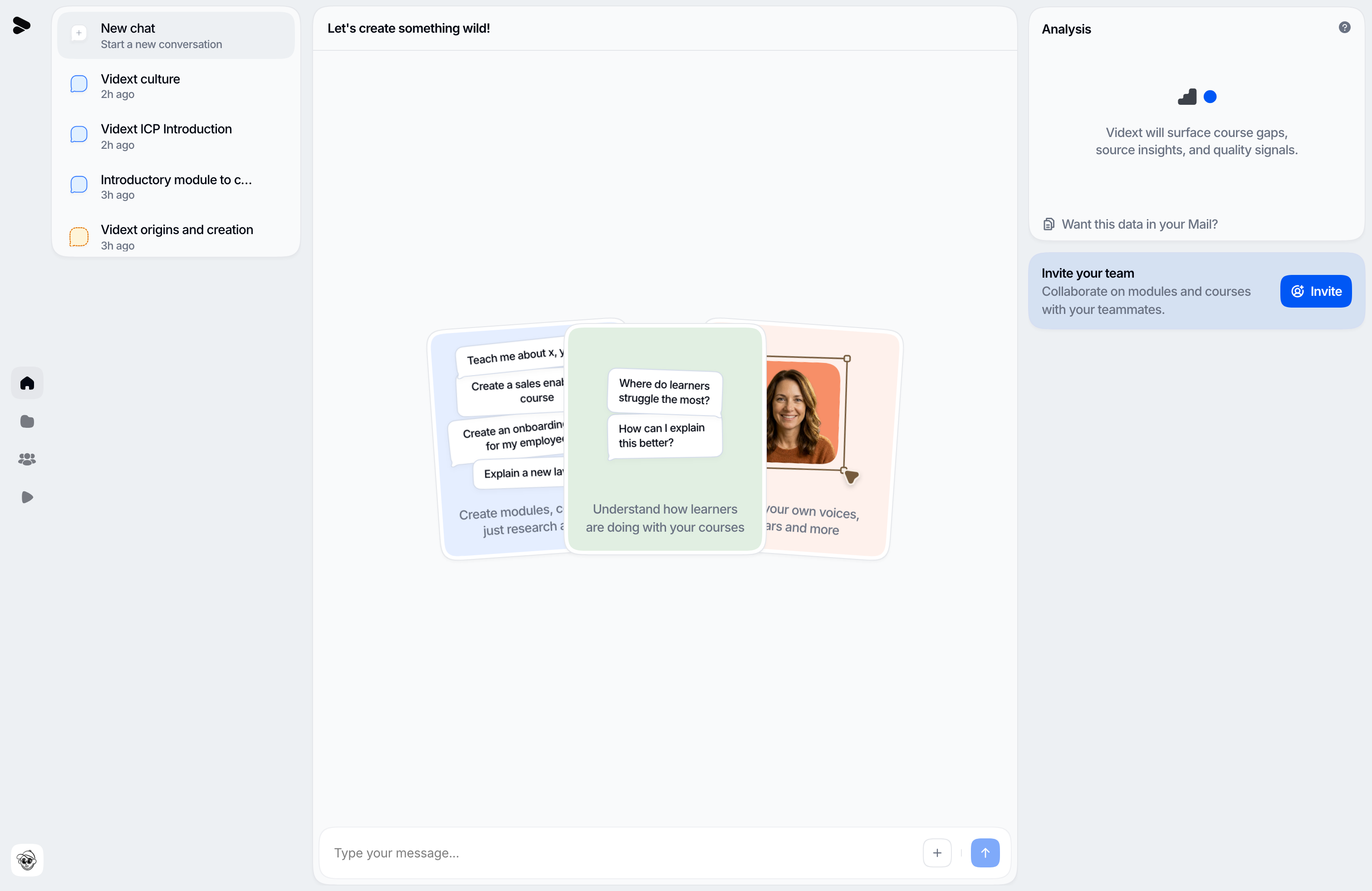 The Vidext chat home — describe what you want and the operator drafts it