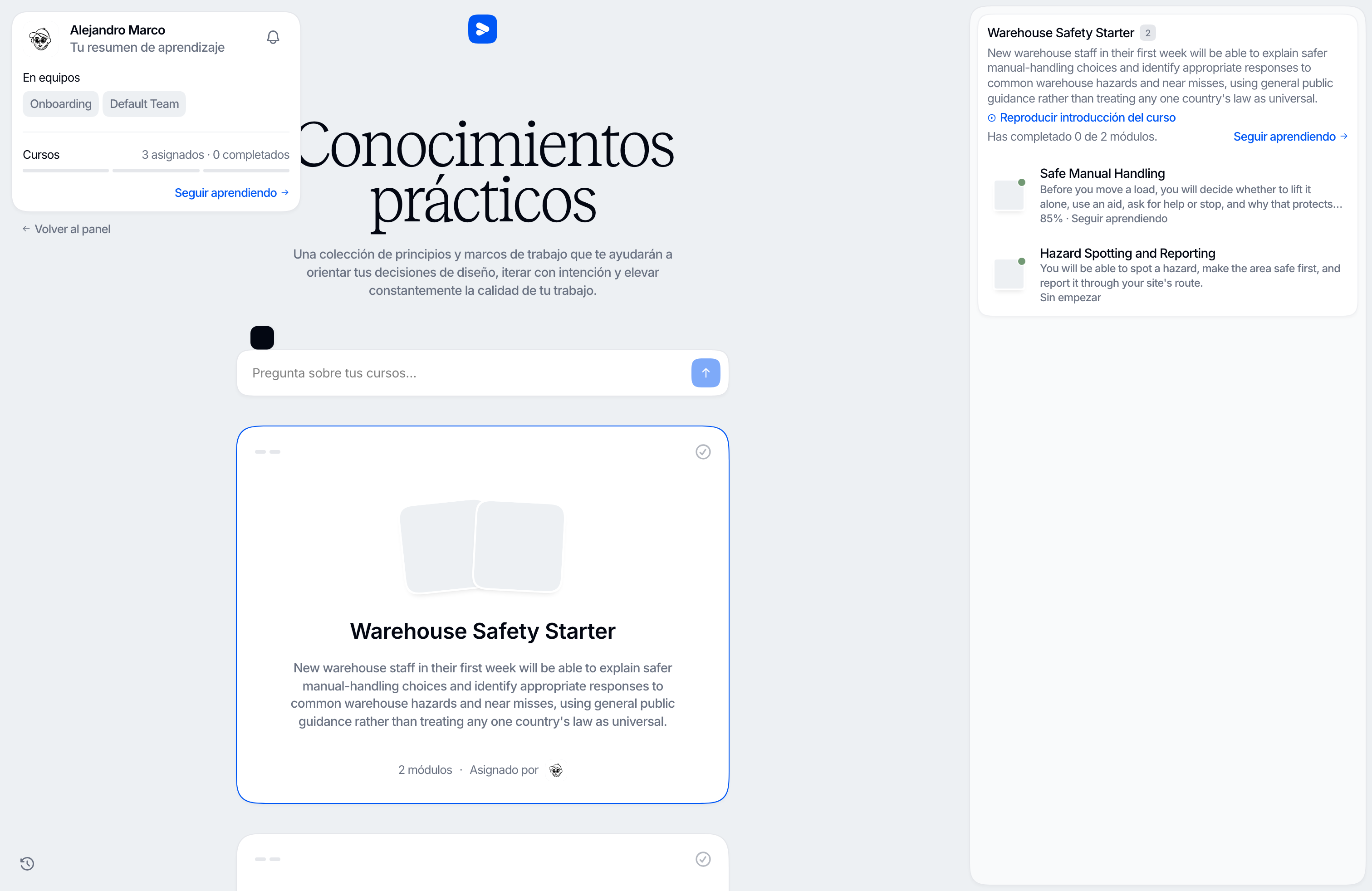 El inicio del participante con un curso abierto y sus módulos con su estado