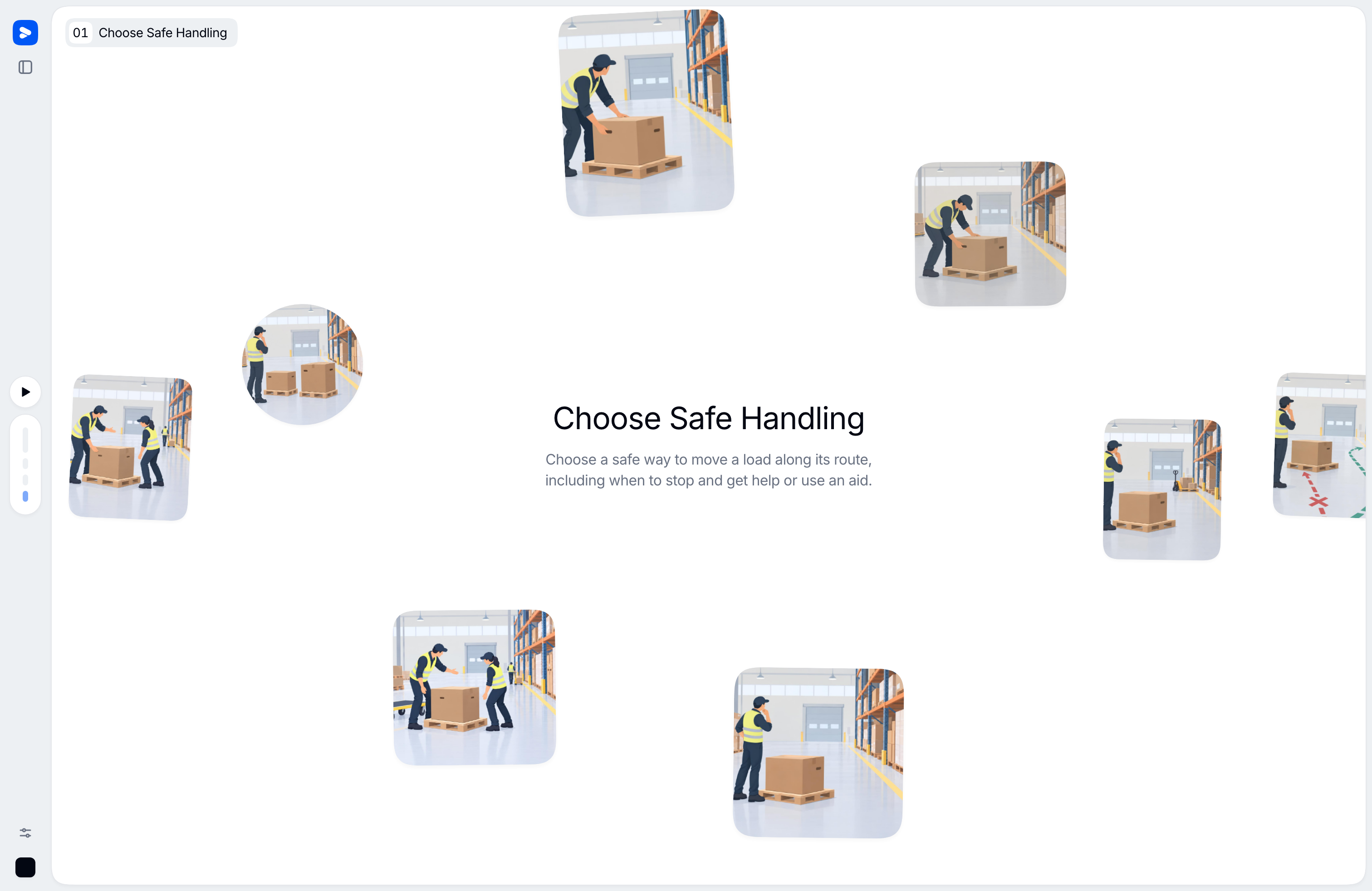 A module playing for a learner: the cover with its pictures and the controls on the left rail